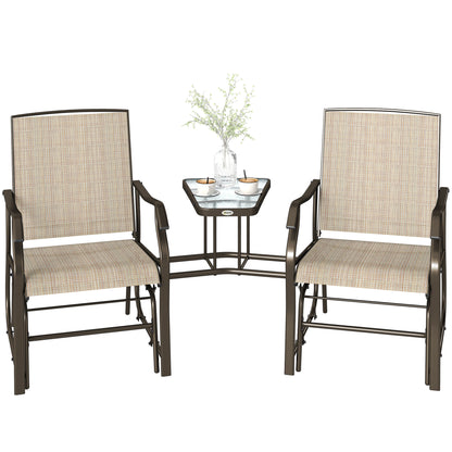 Double Patio Glider Chair with Glass Top Center Table, Outdoor Glider Loveseat with High Back, All Weather Breathable Mesh Fabric for Garden, Backyard, Deck, Light Brown