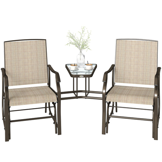 Double Patio Glider Chair with Glass Top Center Table, Outdoor Glider Loveseat with High Back, All Weather Breathable Mesh Fabric for Garden, Backyard, Deck, Light Brown