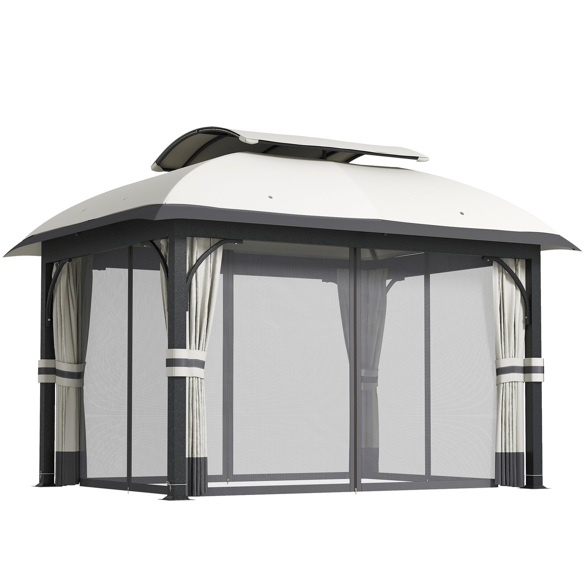 11' x 13' Patio Gazebo, Double Roof Outdoor Gazebo Canopy with Netting & Curtains, Galvanized Metal Frame, Light Grey