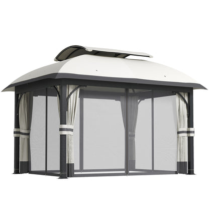 11' x 13' Patio Gazebo, Double Roof Outdoor Gazebo Canopy with Netting & Curtains, Galvanized Metal Frame, Light Grey