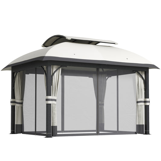 11' x 13' Patio Gazebo, Double Roof Outdoor Gazebo Canopy with Netting & Curtains, Galvanized Metal Frame, Light Grey