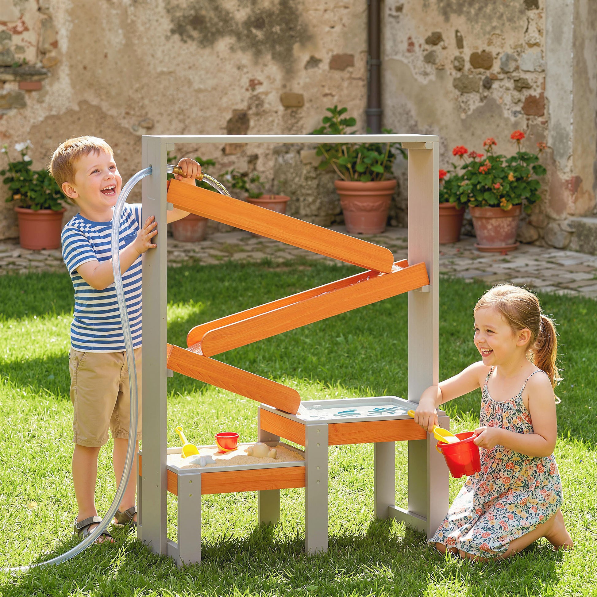 Qaba Wooden Sandbox, Kids Sand and Water Table with Waterway Track and Dual Boxes, Sensory Table for Outdoor, Grey