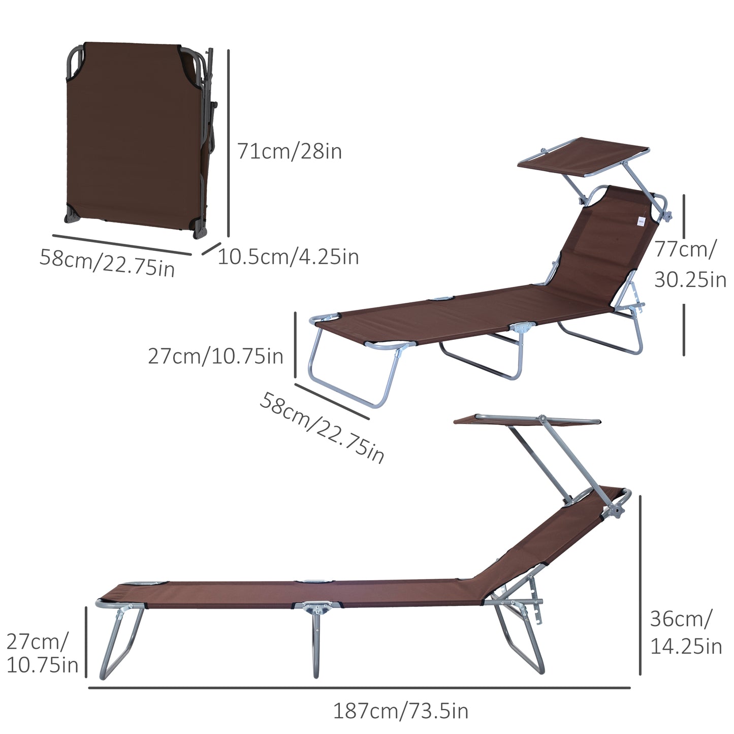 Outdoor Lounge Chair, Adjustable Folding Chaise Lounge, Tanning Chair with Sun Shade for Beach, Camping, Hiking, Backyard, Brown