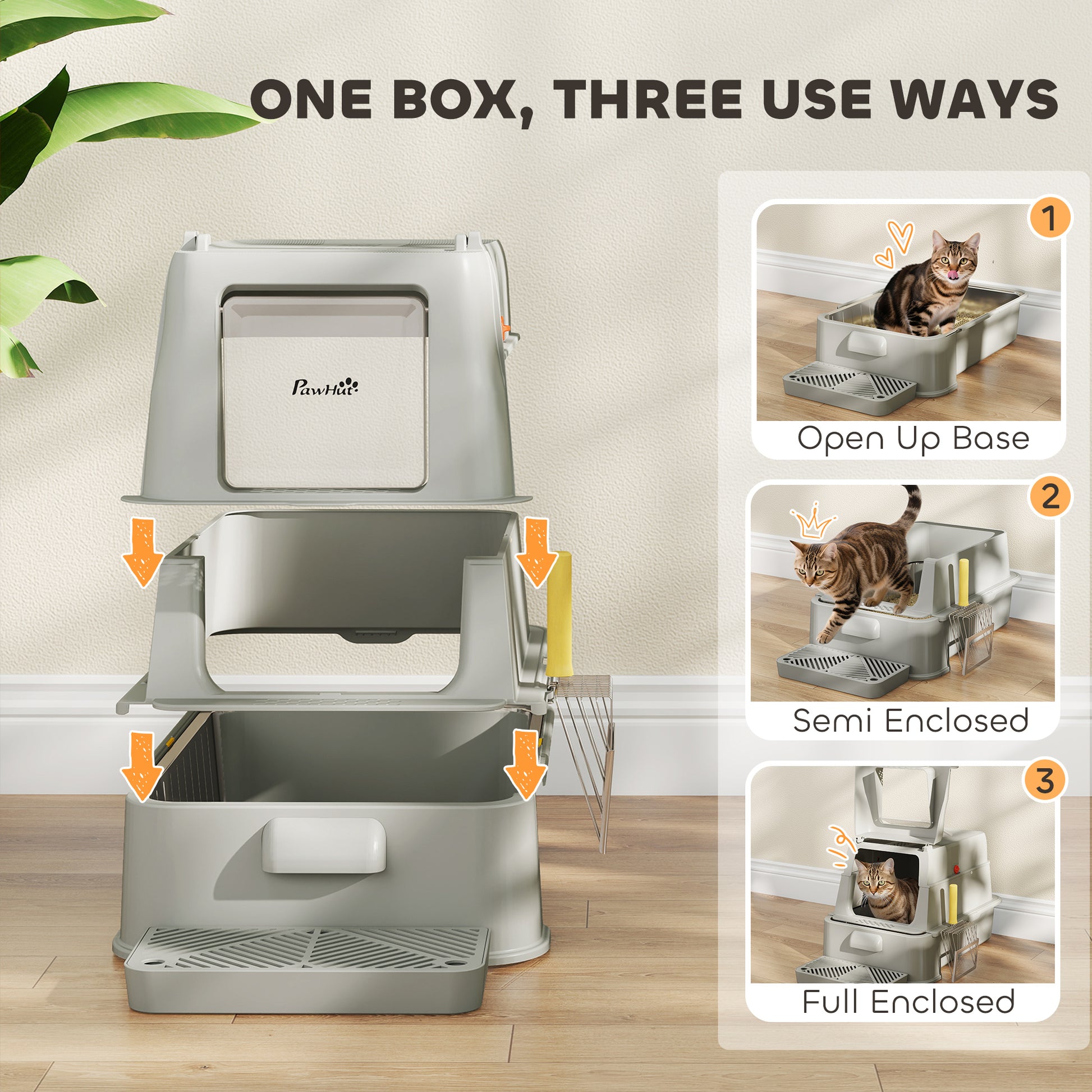 80L XL Stainless Steel Cat Litter Box for Big Cats with Flip Cover, Pull-Out Drawer Tray, High Sided, Pedal, Light Grey