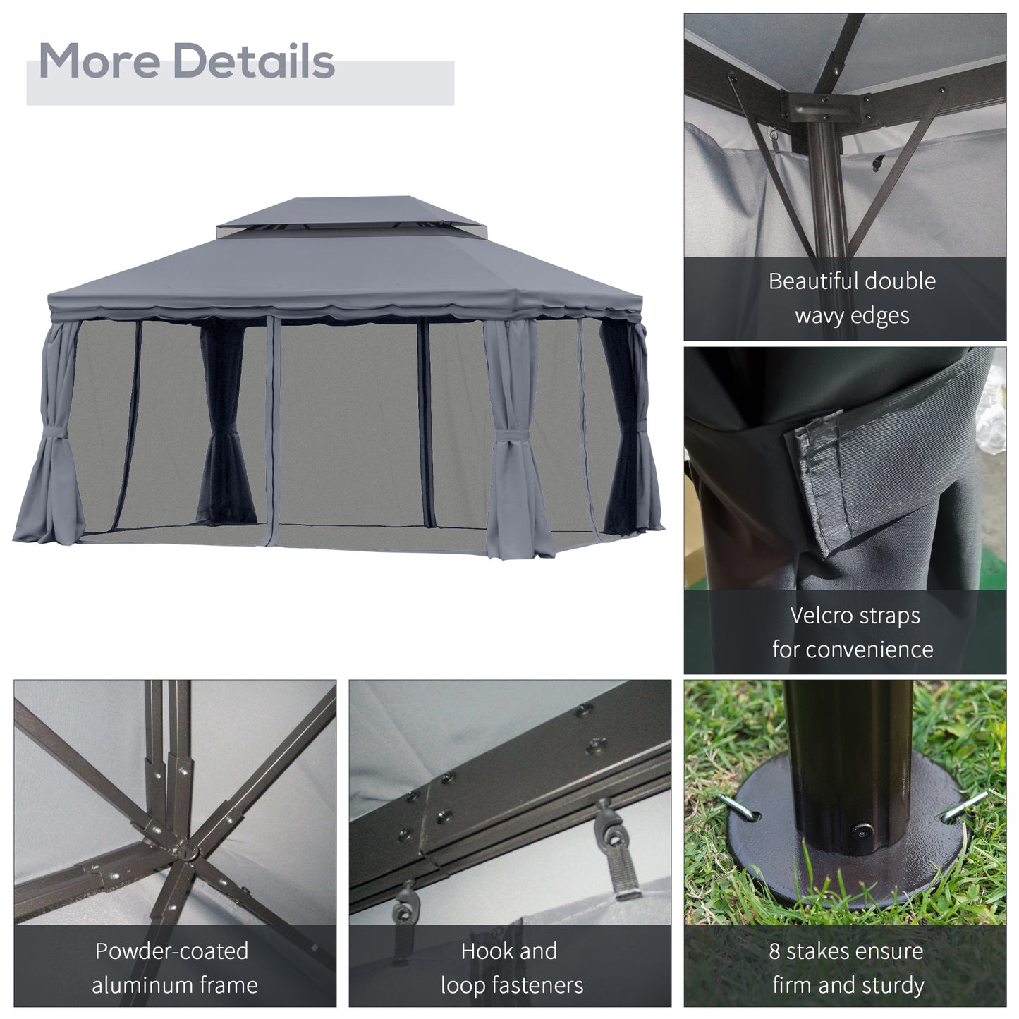 13' x 10' Patio Gazebo, Double Roof Outdoor Gazebo Canopy Shelter with Netting & Curtains, Strong Aluminum Frame, Dark Grey