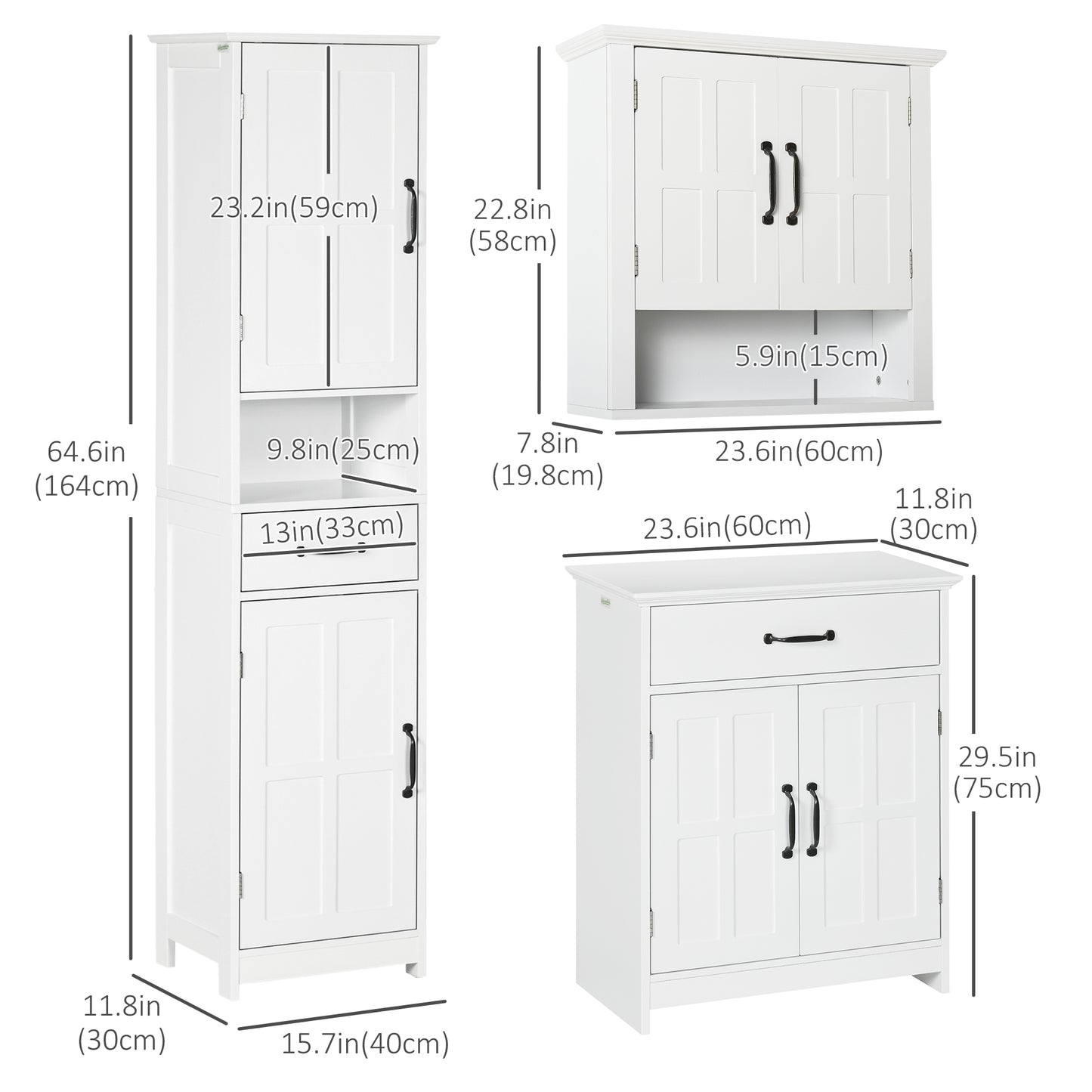 3-Piece Bathroom Furniture Set, Modern Bathroom Storage Cabinet with Drawers and Shelves, Tall and Small Floor Cabinets, Wall-mounted Medicine Cabinet, White