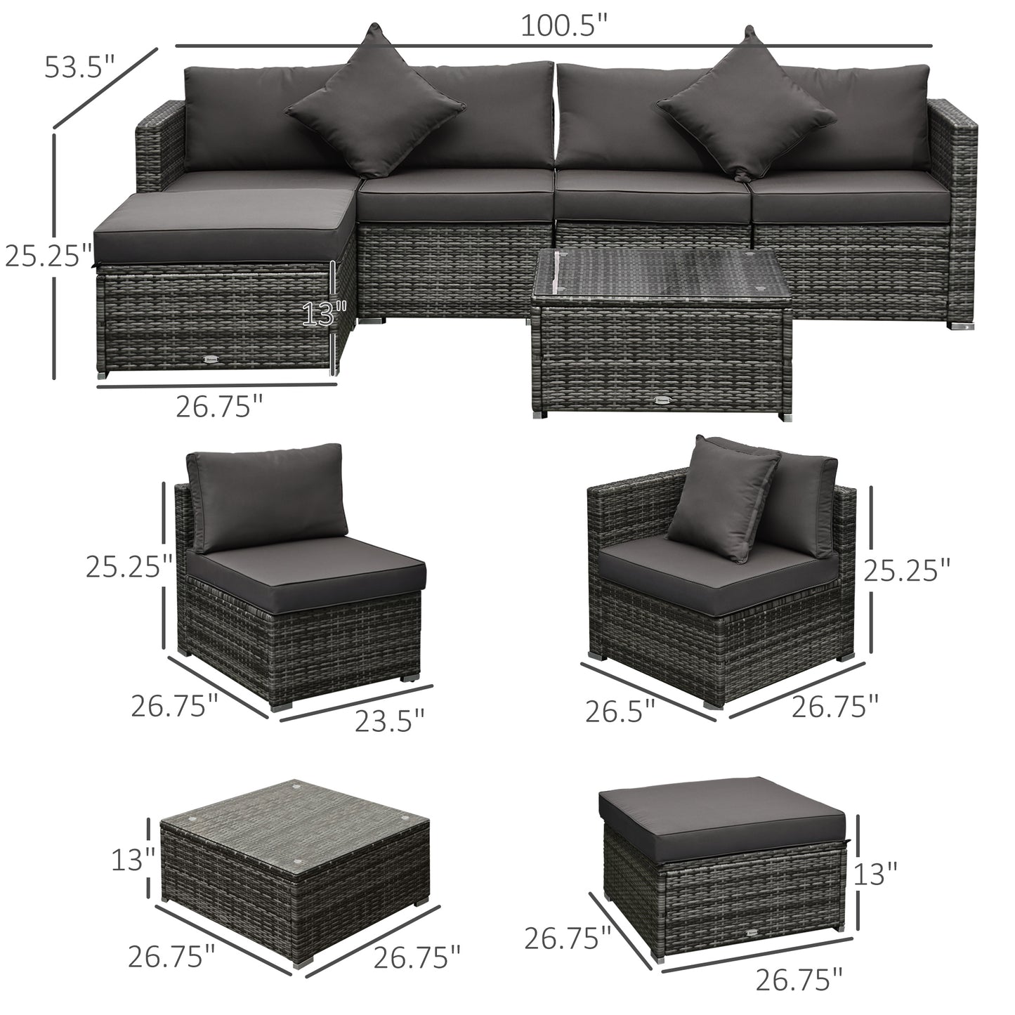 6 Pieces Outdoor PE Rattan Wicker Patio Furniture Sofa Set with Thick Cushions, Deluxe Garden Sectional Couch with Glass Top Table, Mixed Grey and Charcoal