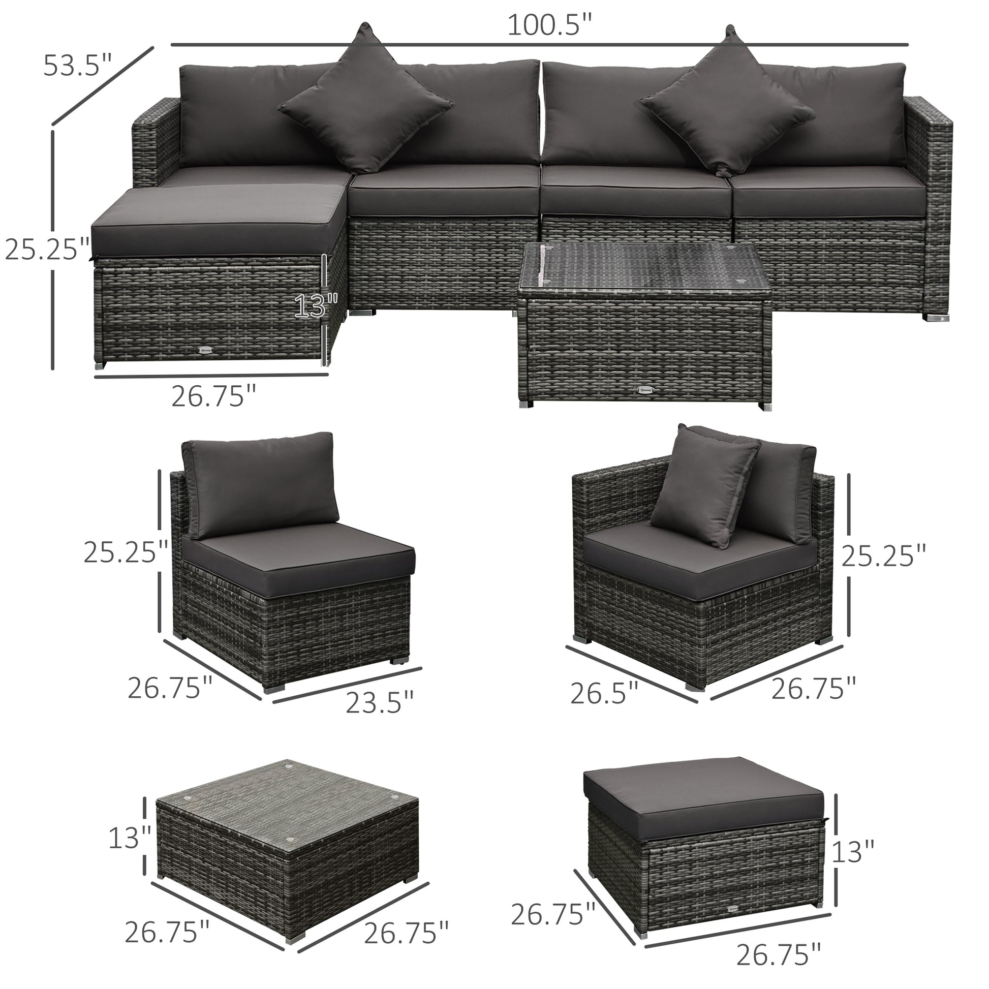 6 Pieces Outdoor PE Rattan Wicker Patio Furniture Sofa Set with Thick Cushions, Deluxe Garden Sectional Couch with Glass Top Table, Mixed Grey and Charcoal