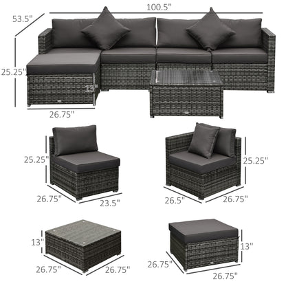 6 Pieces Outdoor PE Rattan Wicker Patio Furniture Sofa Set with Thick Cushions, Deluxe Garden Sectional Couch with Glass Top Table, Mixed Grey and Charcoal
