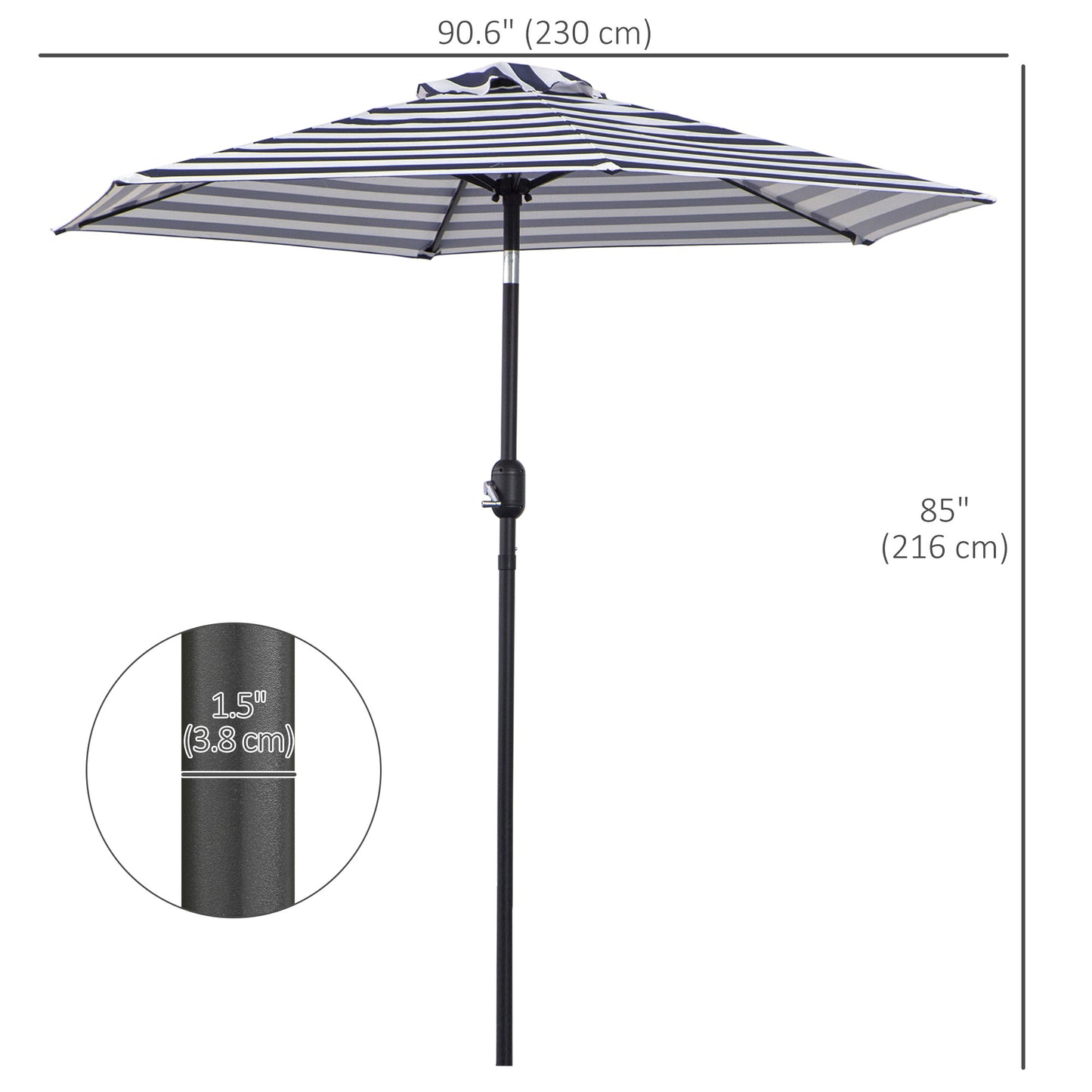 Patio Sun Umbrella, Outdoor Parasol with 6 Ribs, Blue Stripes