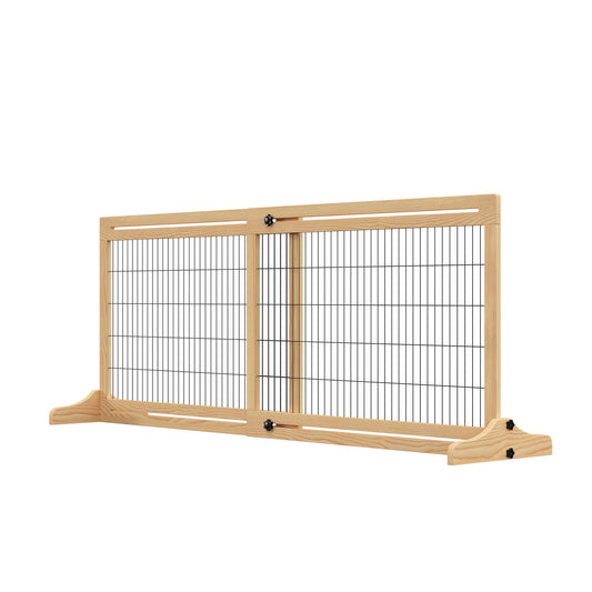 41"-71" Wooden Freestanding Pet Gate with Support Feet, for Small Medium Dogs, Natural