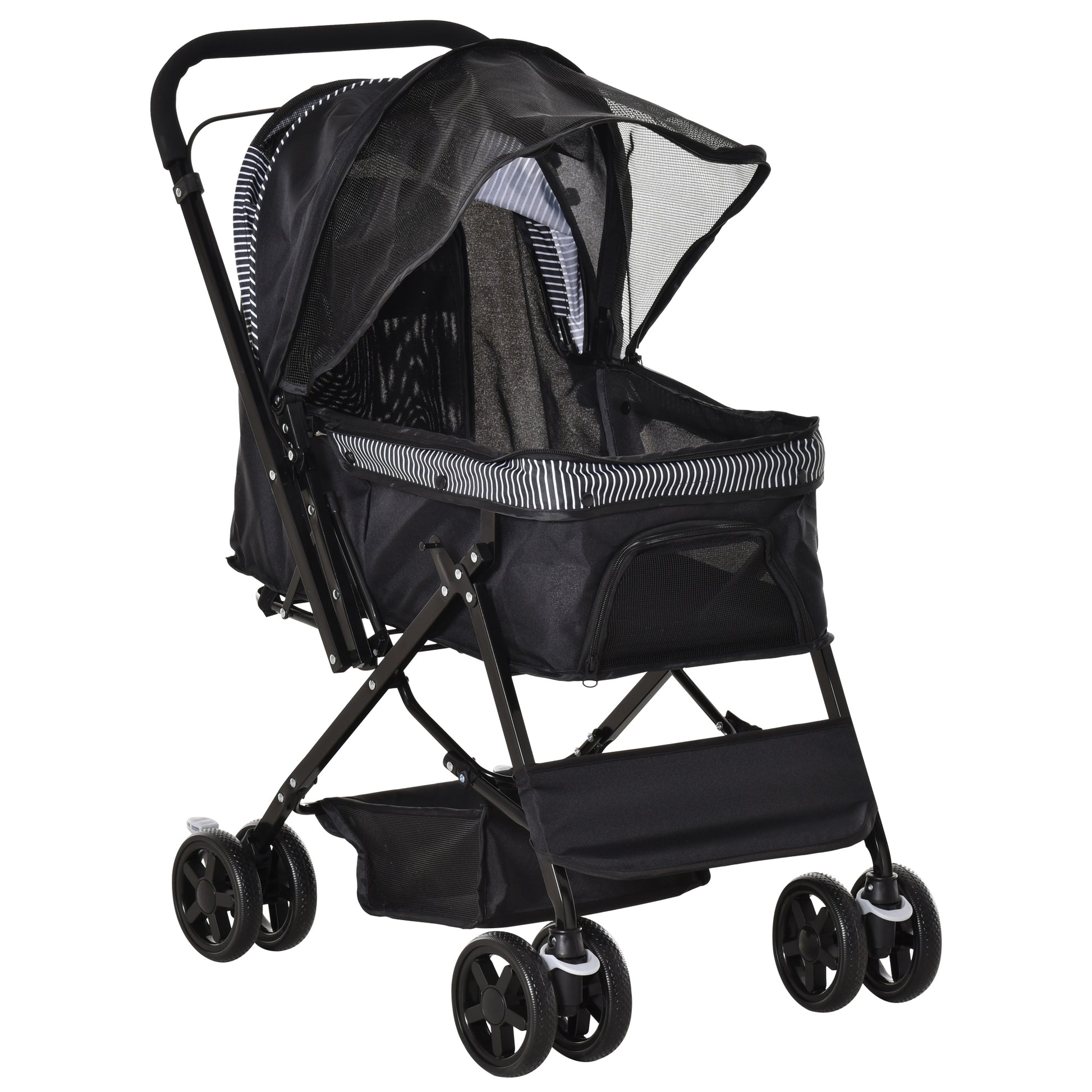 Foldable Cat Dog Travel Carriage, 4 Wheels Pet Stroller with EVA Wheel Brake, 3-stage Canopy, Mesh Window Door, Black