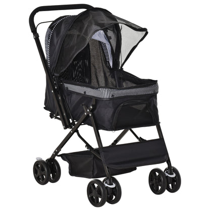 Foldable Cat Dog Travel Carriage, 4 Wheels Pet Stroller with EVA Wheel Brake, 3-stage Canopy, Mesh Window Door, Black