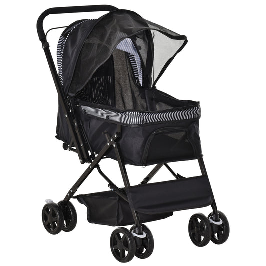 Foldable Cat Dog Travel Carriage, 4 Wheels Pet Stroller with EVA Wheel Brake, 3-stage Canopy, Mesh Window Door, Black