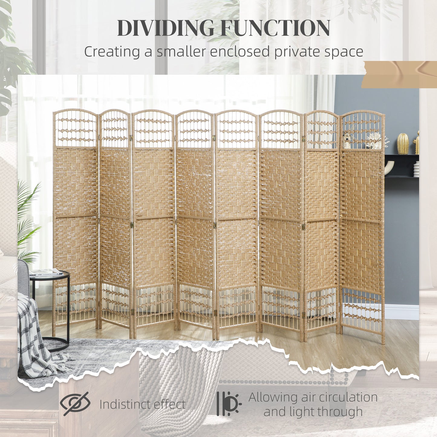 8 Panel Folding Room Divider, Portable Privacy Screen, Wave Fiber Room Partition for Home Office, Natural