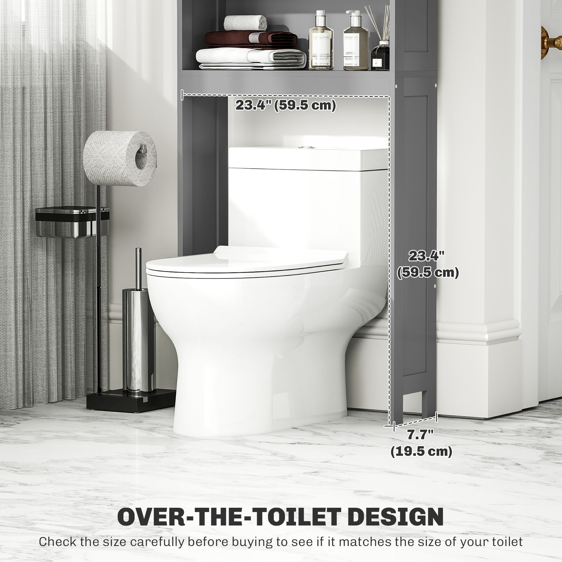 Modern Over The Toilet Storage, Bathroom Cabinets Over Toilet with Open Shelves and Double Door Cabinet, Grey