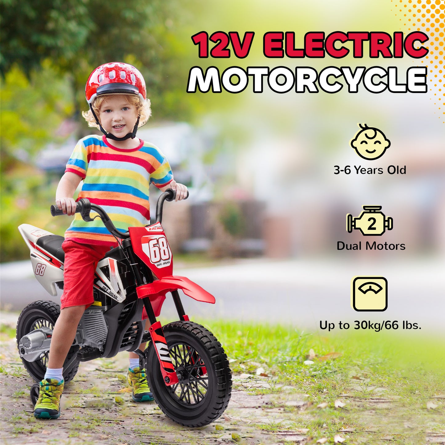 Qaba 12V Kids Dirt Bike, Electric Motorcycle with Twist Grip Throttle, Training Wheels, Rear Suspension & Music, Red