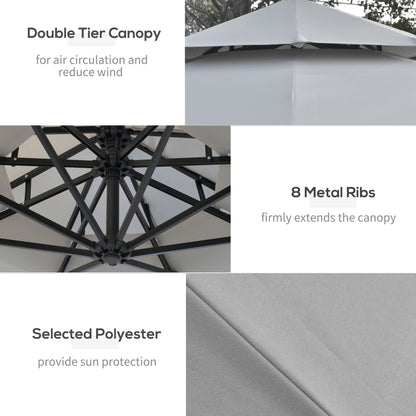 10FT Cantilever Patio Umbrella with Lights Solar Powered Offset Umbrella with Crank and Cross Base for Deck Light Grey