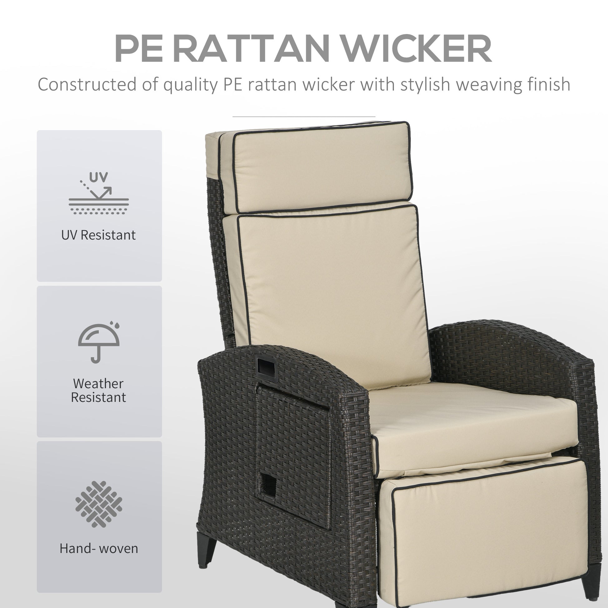 Outdoor Recliner Chair with Adjustable Backrest and Footrest, Washable Cushion, Side Tray, Up to 352 lbs, Khaki