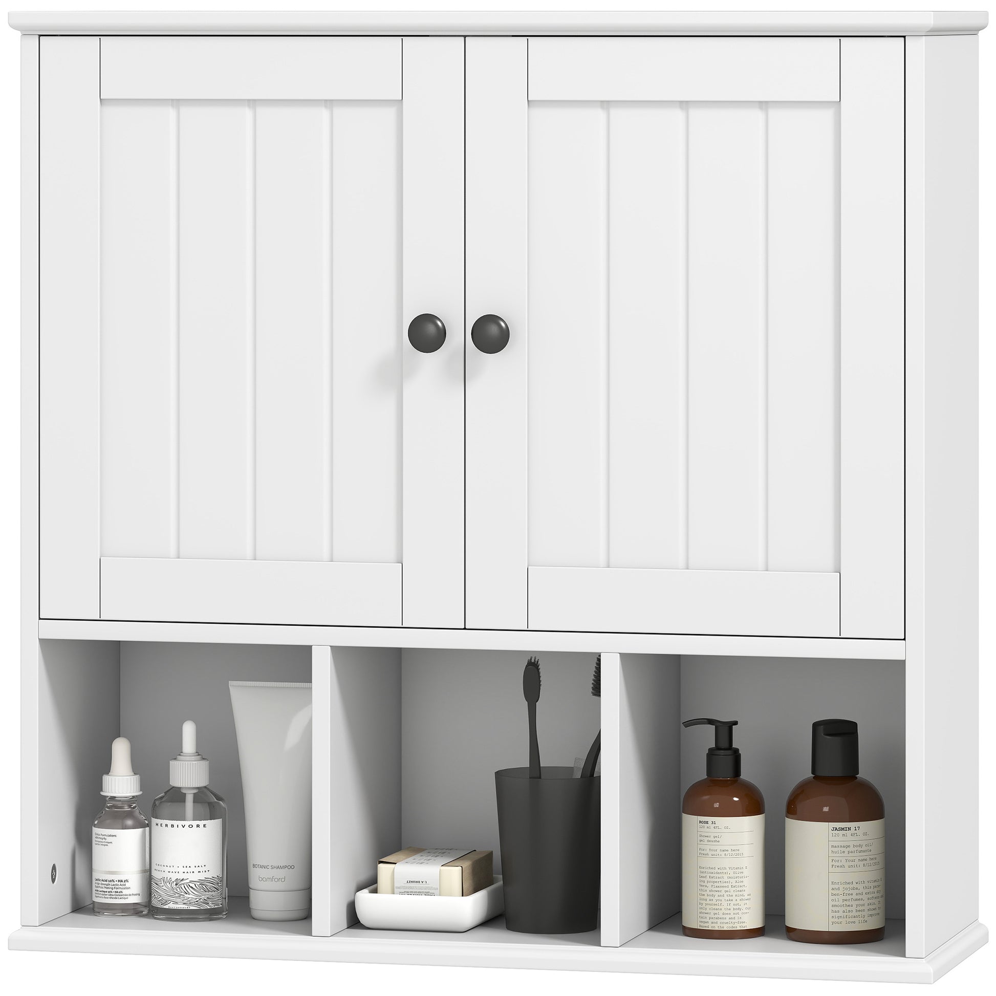 Farmhouse Bathroom Wall Cabinet, Wall Mounted Medicine Cabinet with Adjustable Shelf, Open Compartments, White