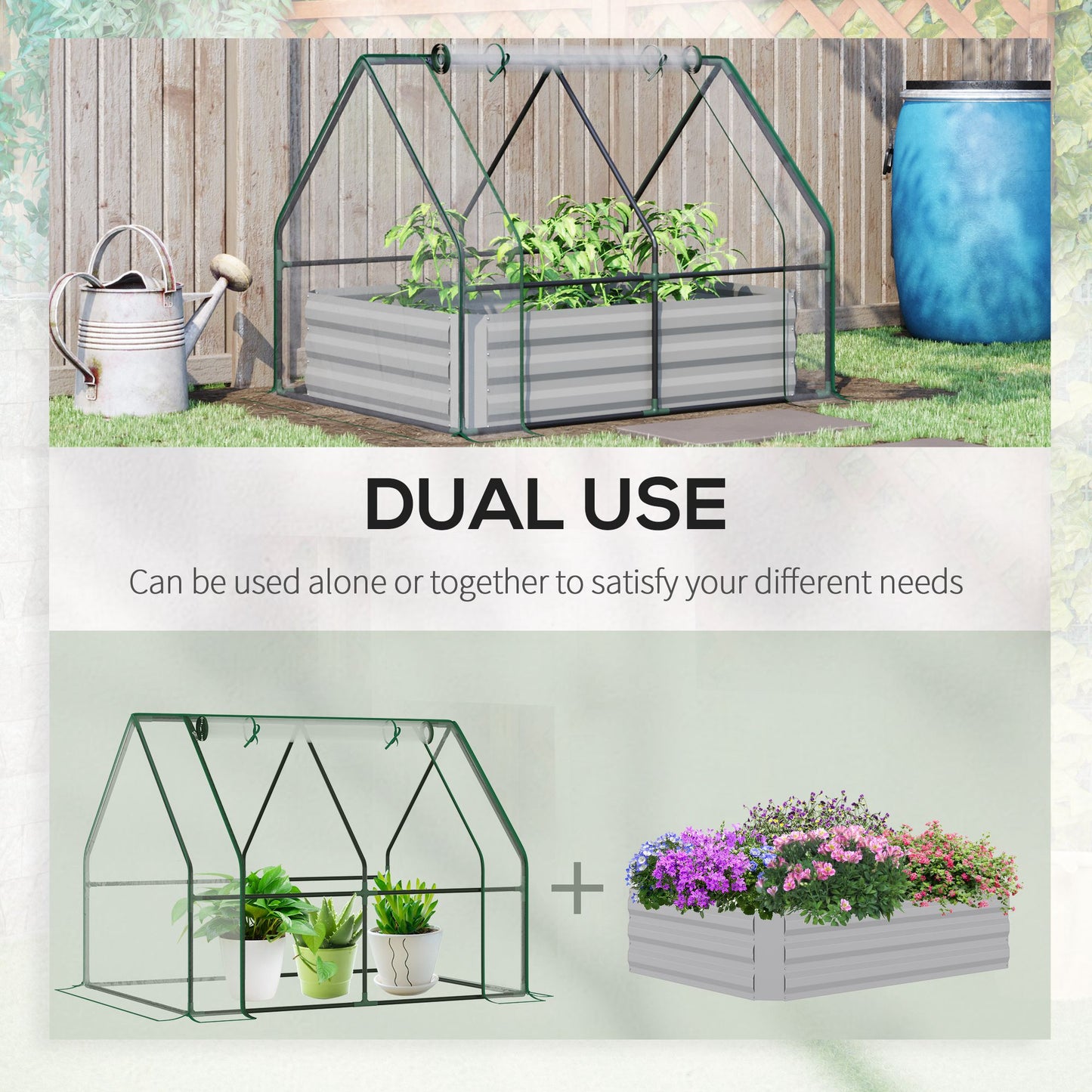Steel Outdoor Raised Garden Bed with Greenhouse,Cover, Roll Up Door, Dual Use, 50"x37.4"x36.2", Clear