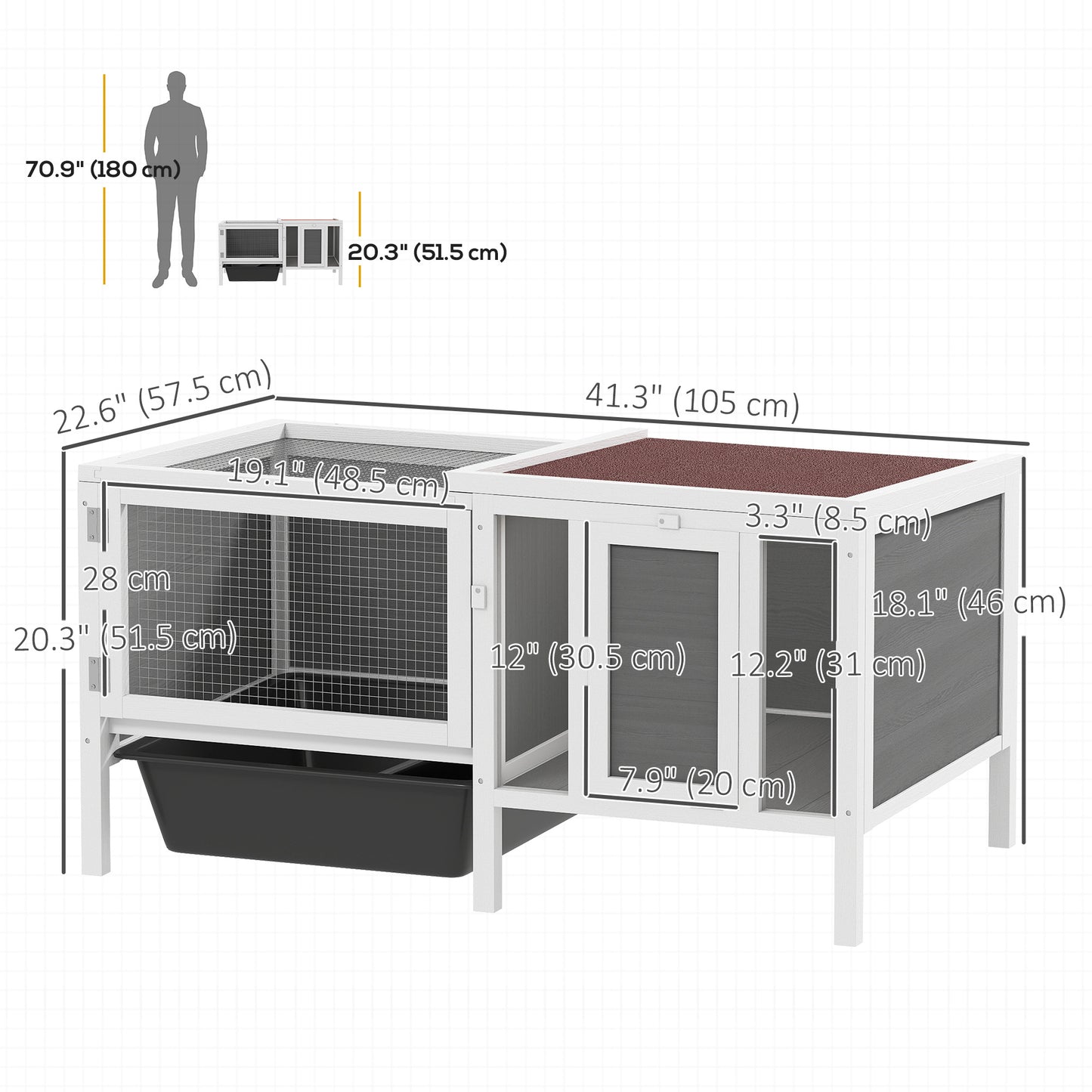 Rabbit Hutch, Wooden Guinea Pig Cage with Run, Openable Top, Pull Out Tray and Ramp, Water-Resistant Roof, Grey