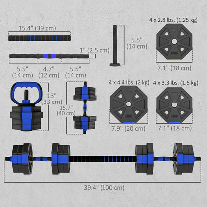 Soozier 6-in-1 Adjustable Dumbbell Set, Used as Kettlebell, Barbell, Dumbbell, Push-Up Stand, 44lbs Free Weights Set, Blue