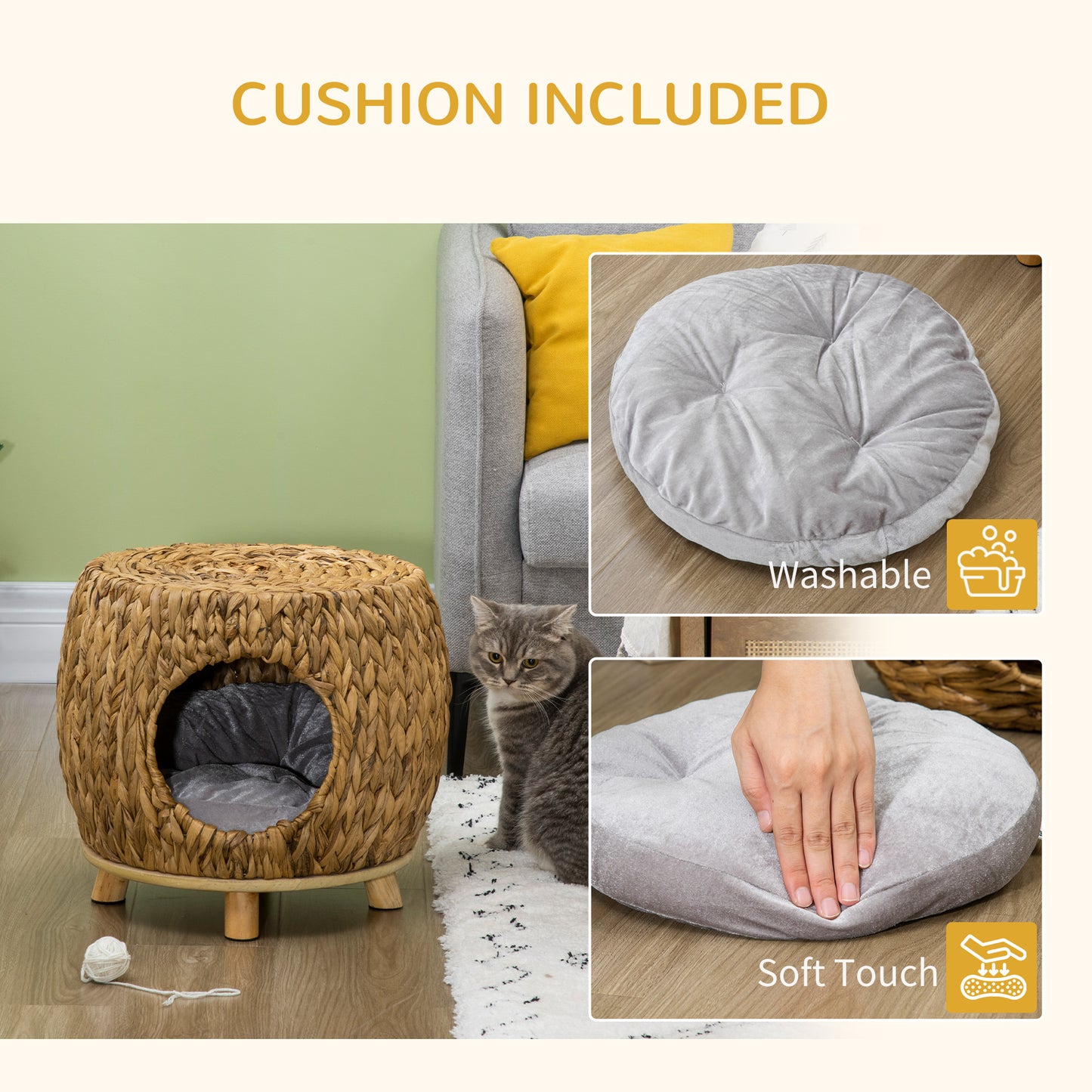 Wicker Cat Bed with Washable Cushion, Elevated Rattan Kitten Bed for Indoor Cats, Light Brown
