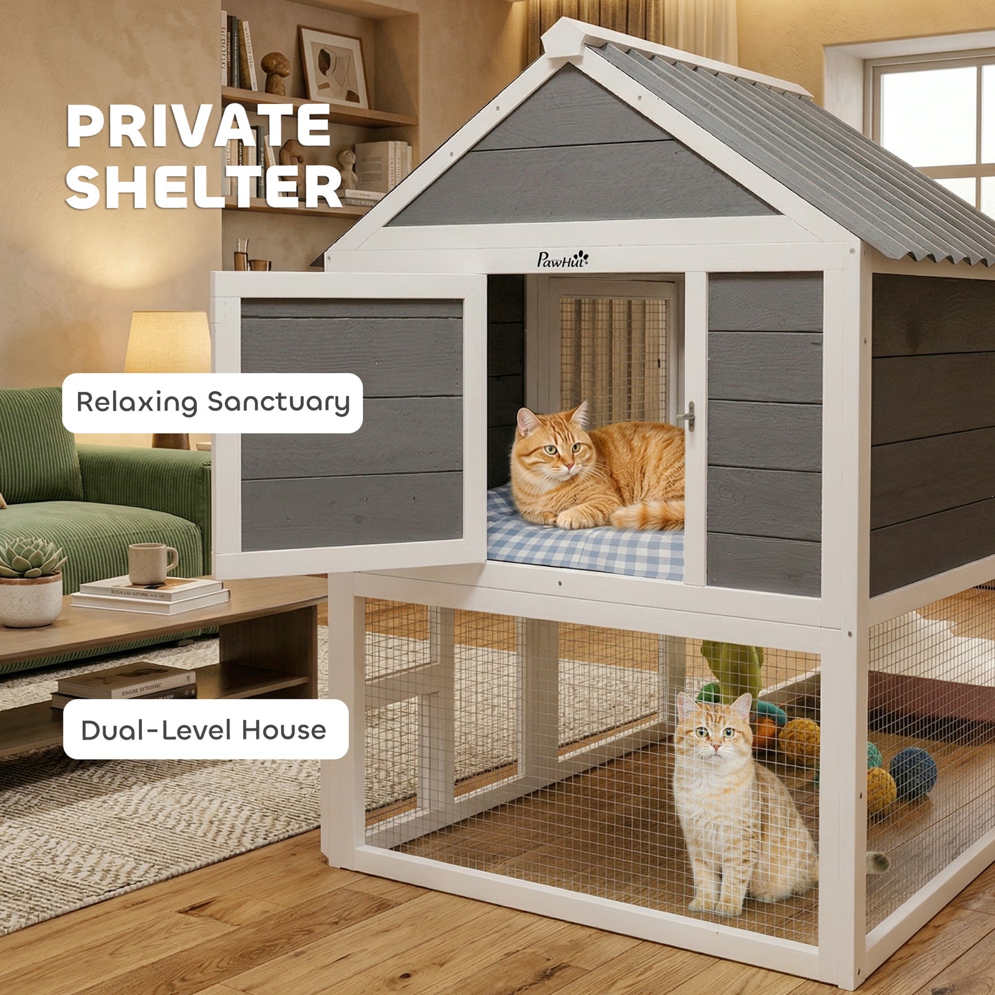 Catio Outdoor Cat Enclosure, 63" L Large Cat House with 4-Way Adjustable Door, Private House, Hammock, 2 Platforms