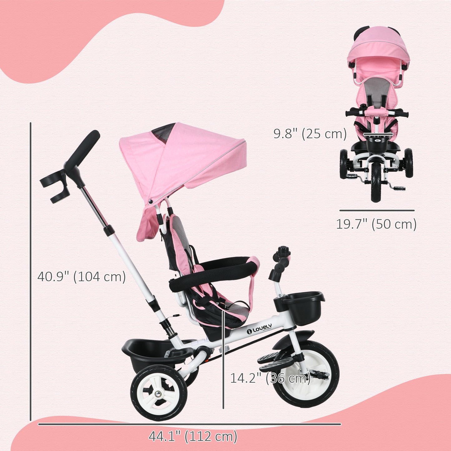 Qaba 6 in 1 Toddler Tricycle with Parent Push Handle, Canopy, Storage Baskets, Cupholder, Pink