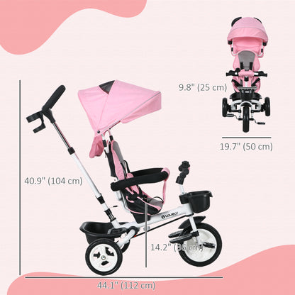 Qaba 6 in 1 Toddler Tricycle with Parent Push Handle, Canopy, Storage Baskets, Cupholder, Pink