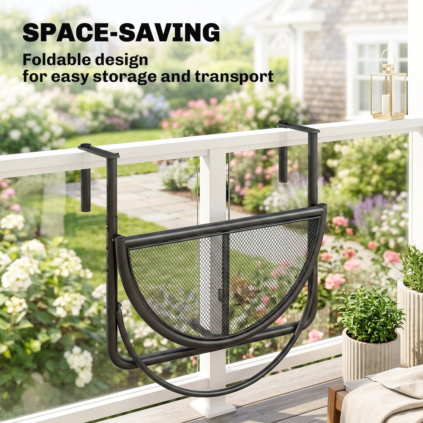 Adjustable Balcony Hanging Rail Table Metal Mounting Mini Wall Desk Storage Rack Outdoor Flower Stand, Black