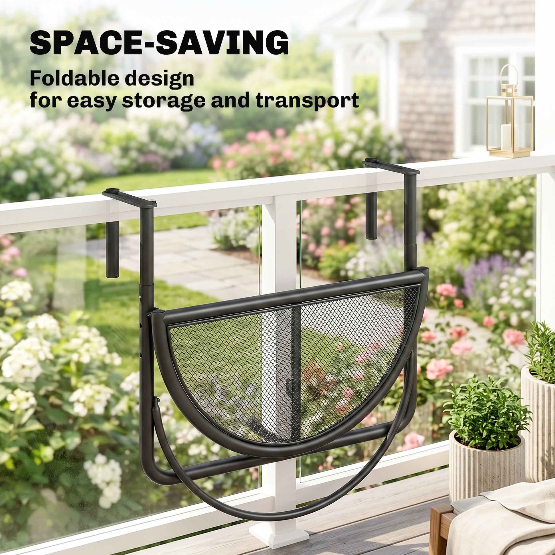 Adjustable Balcony Hanging Rail Table Metal Mounting Mini Wall Desk Storage Rack Outdoor Flower Stand, Black