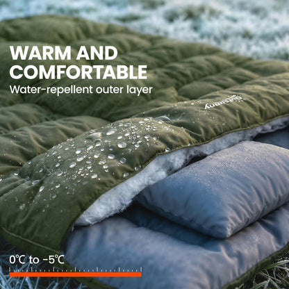 Double Sleeping Bag for Adults, Queen Size 2 Person Sleeping Bag with 2 Pillows, for Cold Weather & Warm, Green