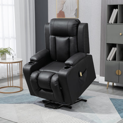 Power Lift Recliner Chair for Elderly, PU Leather Electric Recliner Chair with Footrest, Remote Control, Side Pockets and Cup Holders for Living Room, Black