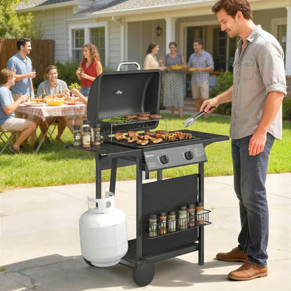 2-Burner Propane Gas Grill, 18000 BTU BBQ Grill with Wheels, Warming Rack, Shelf, Thermometer, Grease Cup, Black