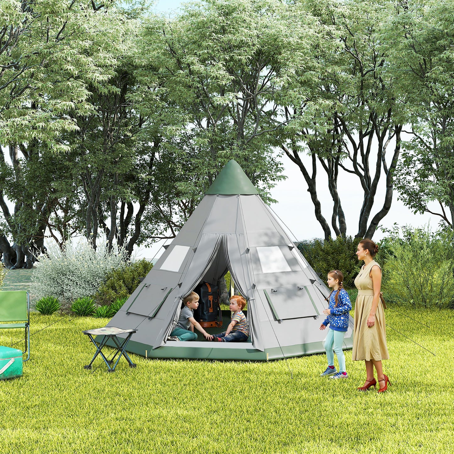 6 People Camping in a Family Teepee Tent with Mesh Windows, Tent Floor, Door and Carry Bag for Hiking, Picnic, Grey