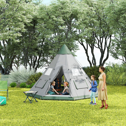 6 People Camping in a Family Teepee Tent with Mesh Windows, Tent Floor, Door and Carry Bag for Hiking, Picnic, Grey