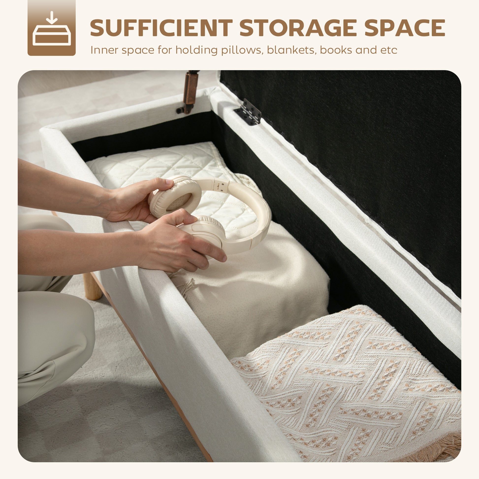 Storage Ottoman Bench, Foot Rest with Lift-Up Lid and Wood Legs, Linen Storage Chest for Living Room, Cream White