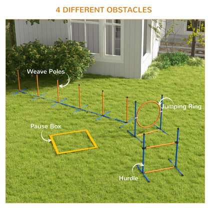 Dog Agility Training Equipment w/ Weave Poles, Adjustable Hurdle, Jump Ring, Pause Box, Whistle, Balls, Carry Bag