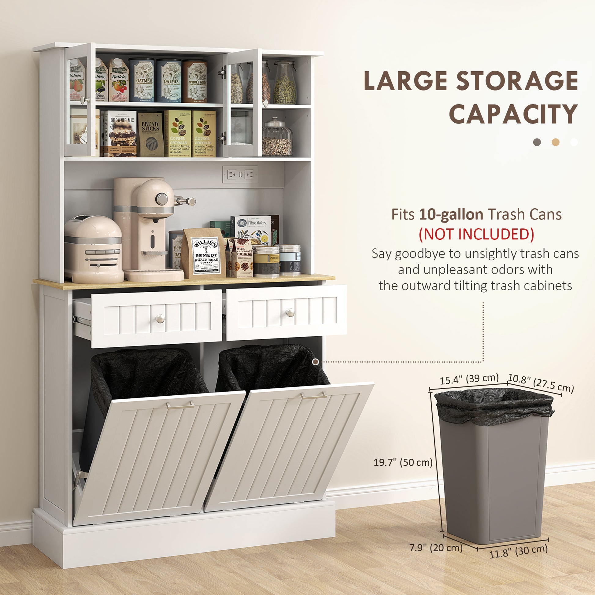 Kitchen Cabinet with Charging Station, 2 Tilt Out Cabinets, Microwave Stand, Freestanding Kitchen Pantry Cabinet, White