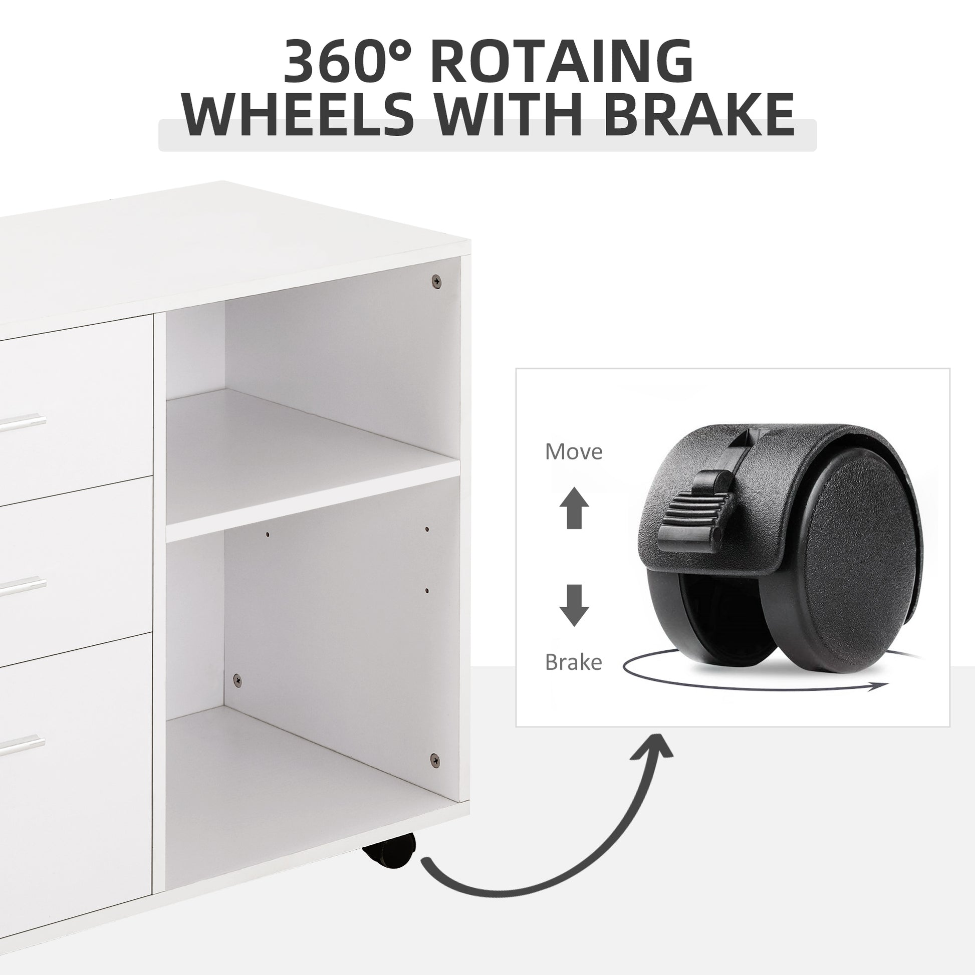 Modern Lateral Filing Cabinet, 3 Drawer File Cabinet for Letter and A4 Size Documents, Mobile, Printer Stand with Open Shelves, Rolling Wheels, White