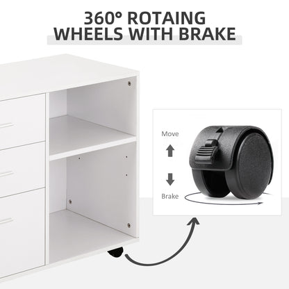 Modern Lateral Filing Cabinet, 3 Drawer File Cabinet for Letter and A4 Size Documents, Mobile, Printer Stand with Open Shelves, Rolling Wheels, White