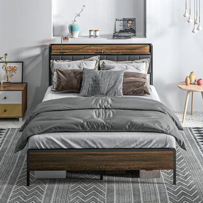 Full Size Bed Frame with Charging Station, Full Bed Frame with Upholstered Headboard and Storage Shelf, Walnut