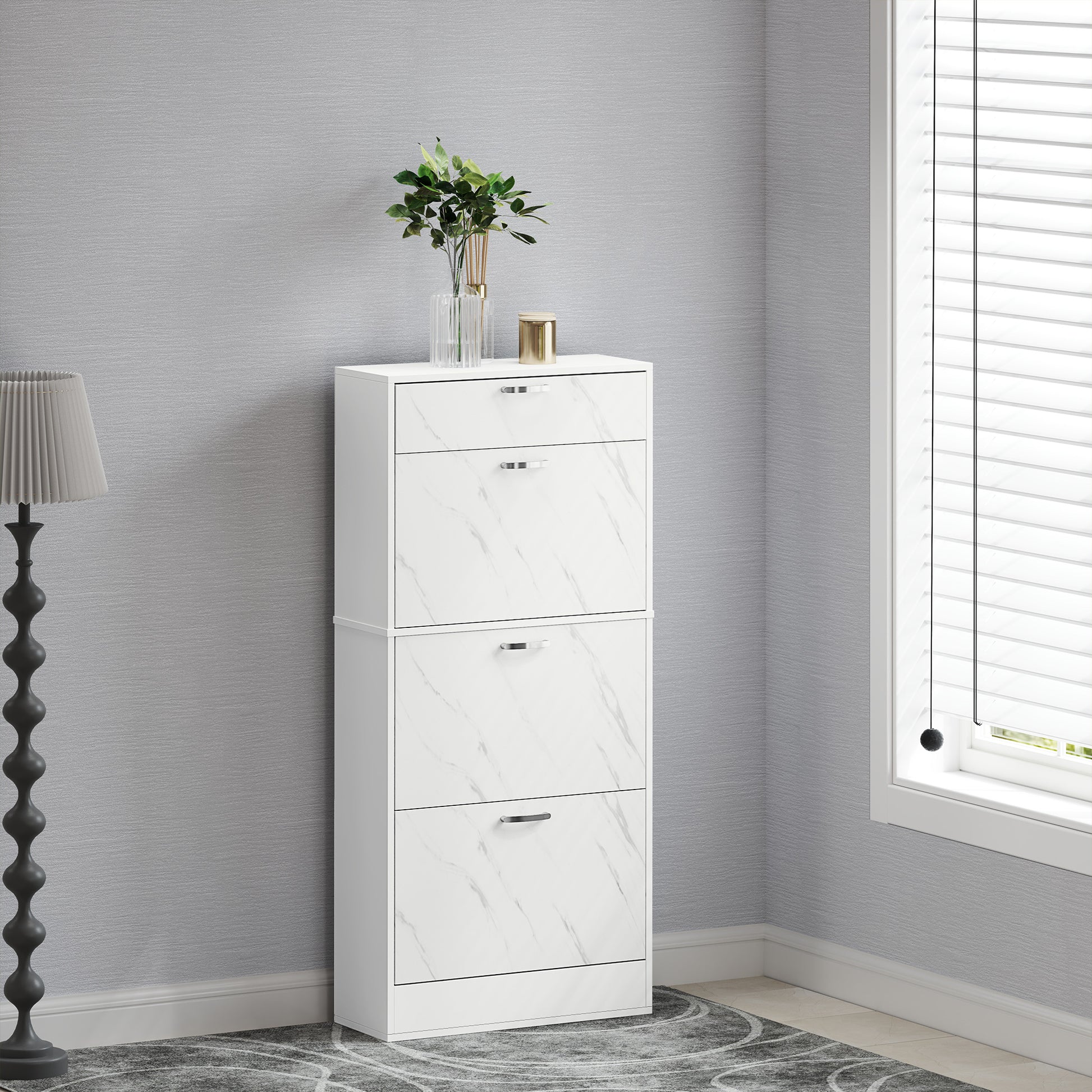 3 Flip Drawer Shoe Cabinet, Marble-Effect Narrow Shoe Storage Cabinet with Top Drawer and Adjustable Shelves, White
