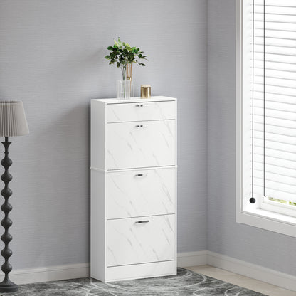 3 Flip Drawer Shoe Cabinet, Marble-Effect Narrow Shoe Storage Cabinet with Top Drawer and Adjustable Shelves, White