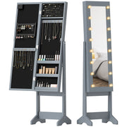 Free Standing Armoire Organizer, Lighted Mirrored Jewelry Cabinet w/ Angle Adjustable & 16 LED Lights, Grey