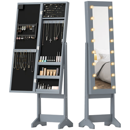 Free Standing Armoire Organizer, Lighted Mirrored Jewelry Cabinet w/ Angle Adjustable & 16 LED Lights, Grey
