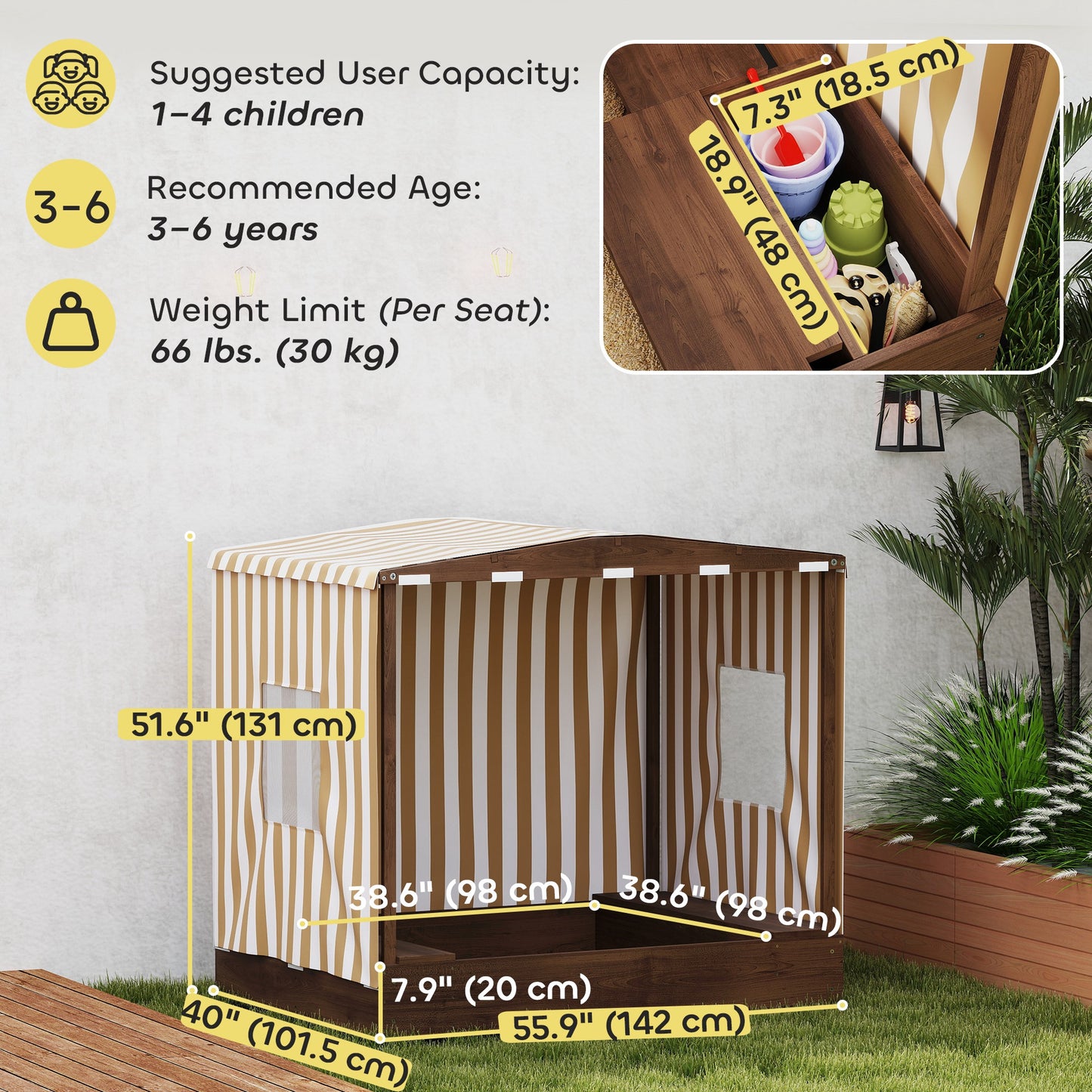 Qaba Kids Sandbox with Full Covered Canopy, Bench Seats, Bottom Liner, for Ages 3-6, 56" x 40" x 52", Brown