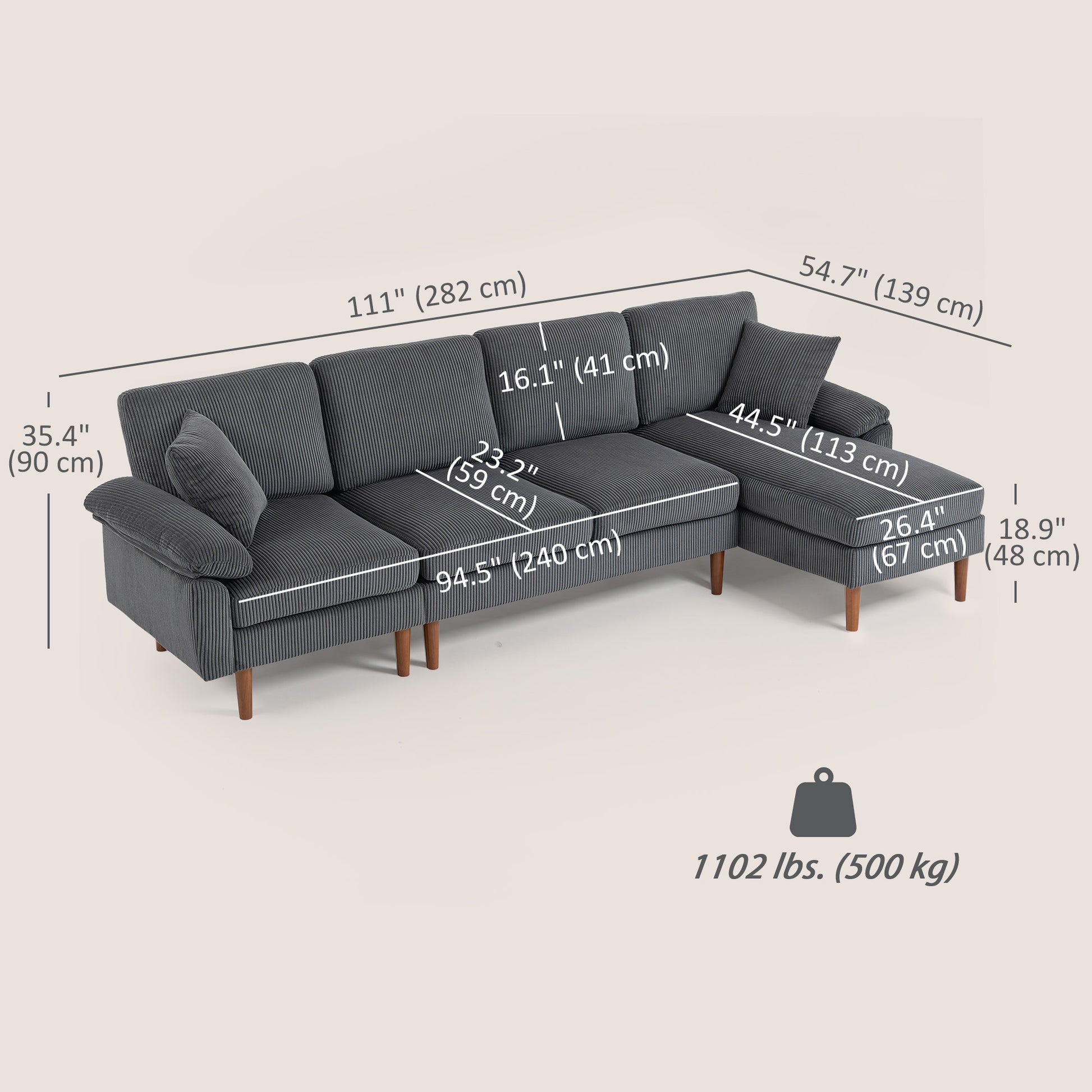 L-Shape Sofa, Modern Sectional Couch with Changeable Chaise Lounge, Pillows and Wooden Legs for Living Room, Dark Grey